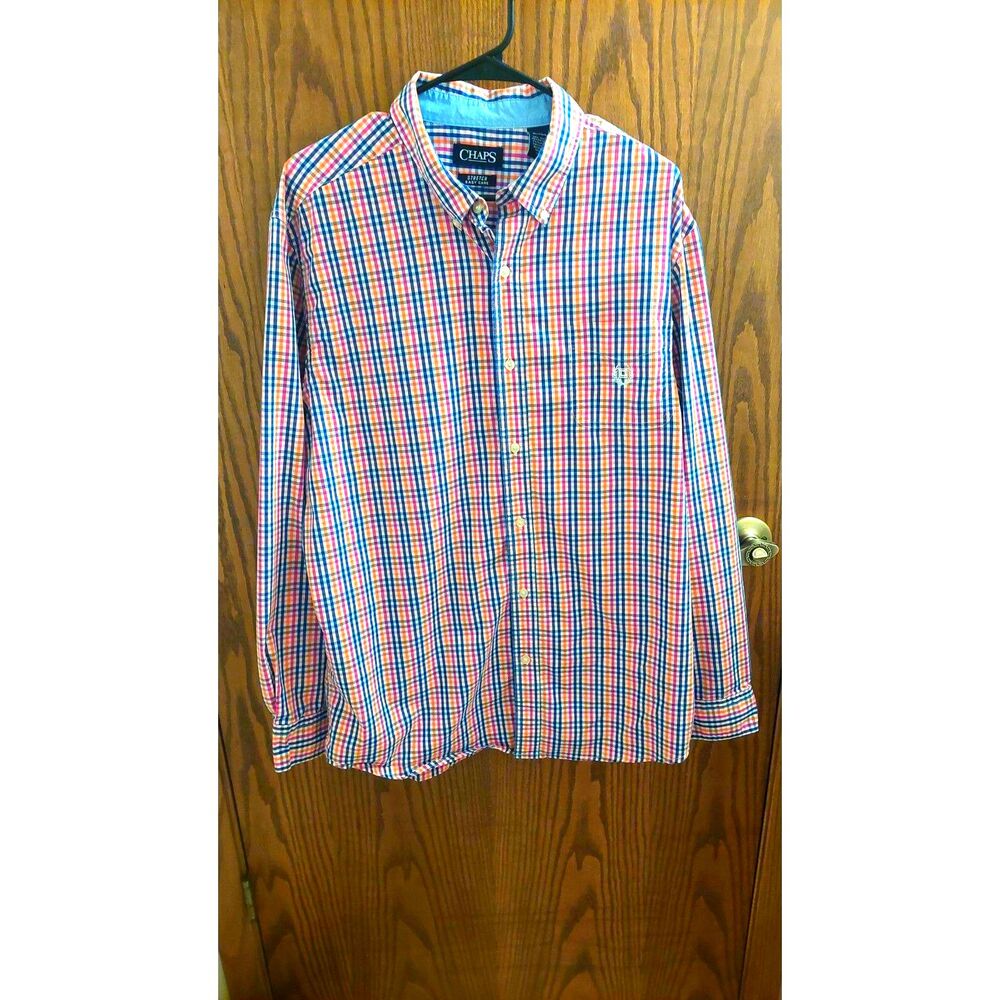 Chaps Men's XL Plaid Button Down Shirt Orange Blue Multicolor Stretch Easy Care